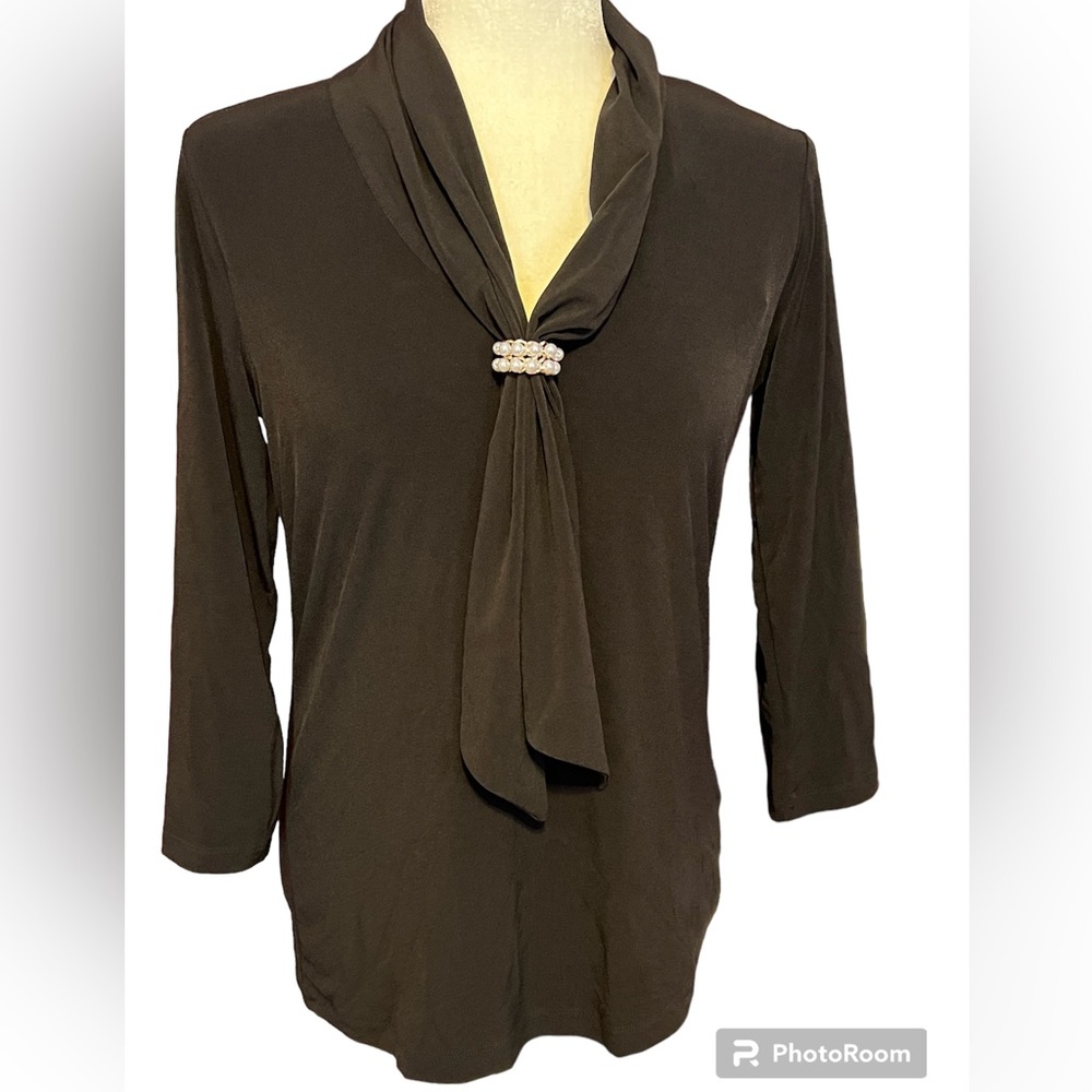 Tahari Black Blouse with Faux Pearl Scarf Accent S
